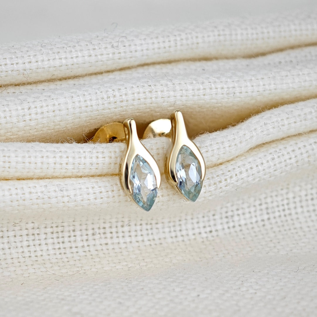 9ct Gold Aquamarine Earrings Minimalist Marquise Blue Gemstone Studs