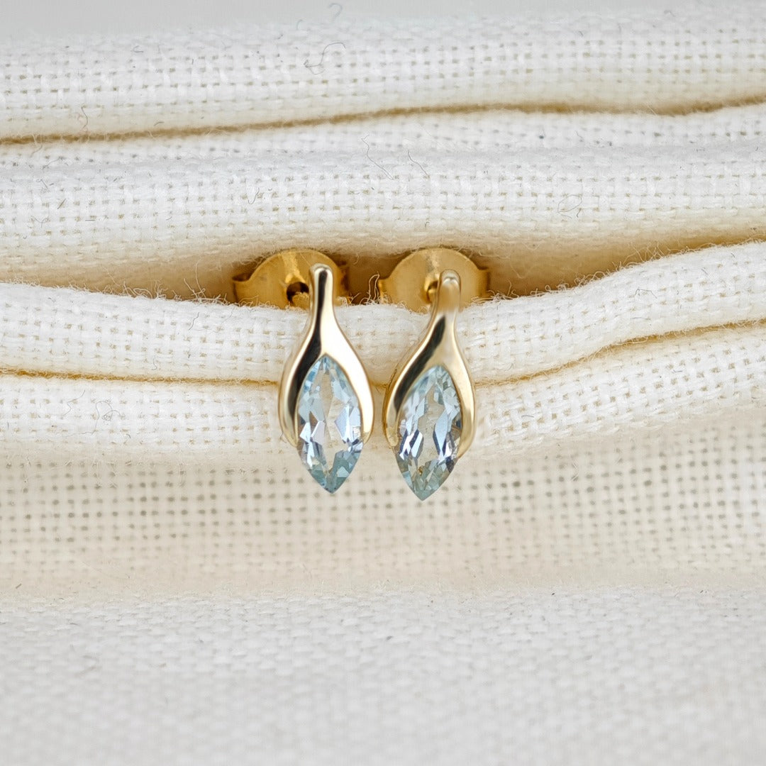 9ct Gold Aquamarine Earrings Minimalist Marquise Blue Gemstone Studs