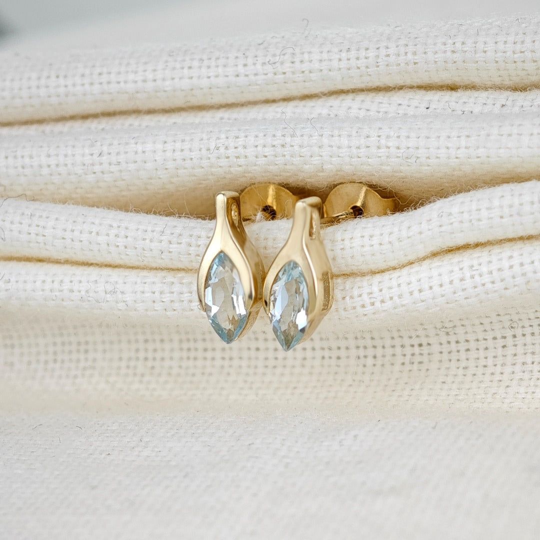 9ct Gold Aquamarine Earrings Minimalist Marquise Blue Gemstone Studs