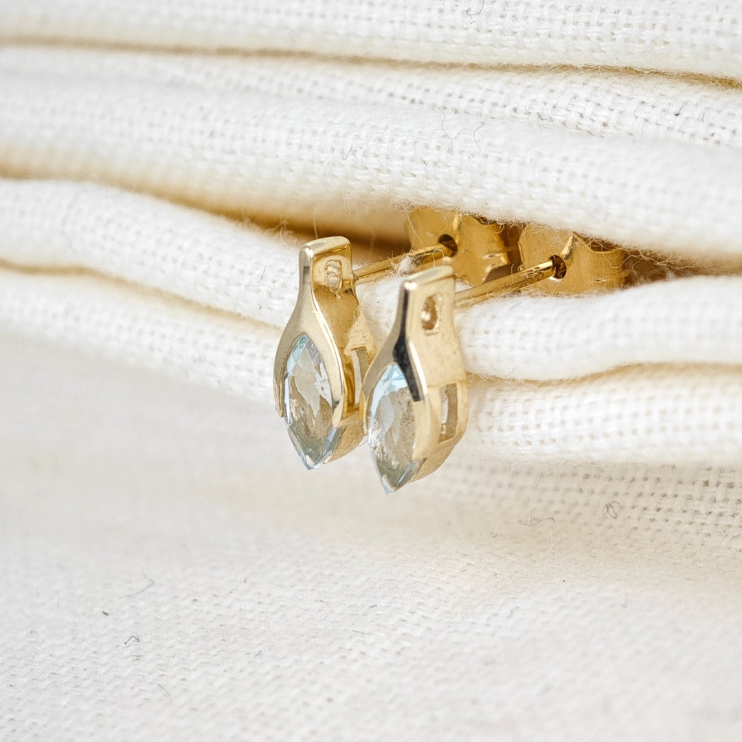 9ct Gold Aquamarine Earrings Minimalist Marquise Blue Gemstone Studs