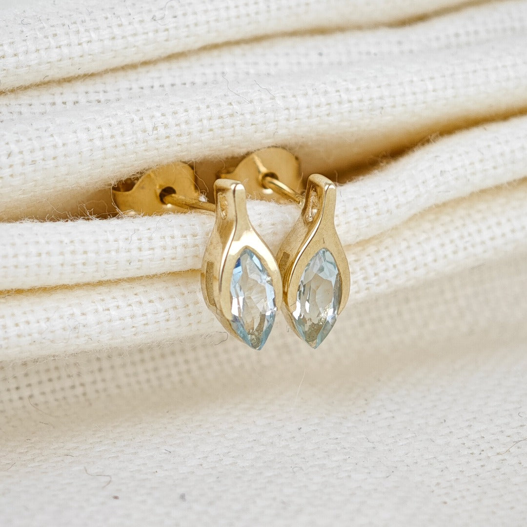 9ct Gold Aquamarine Earrings Minimalist Marquise Blue Gemstone Studs