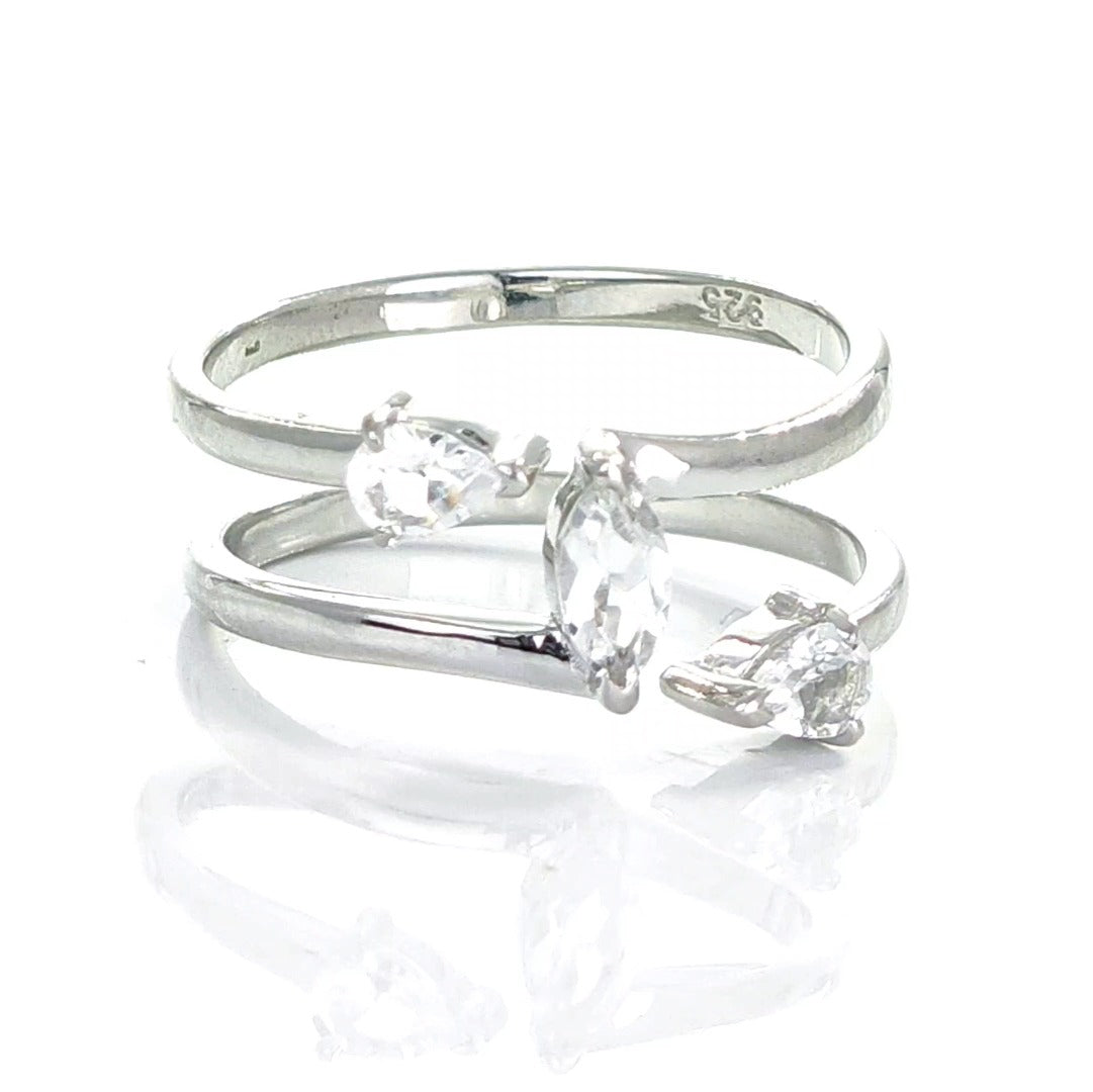 White Topaz Ring Adjustable Sterling Silver Marquise Trilogy