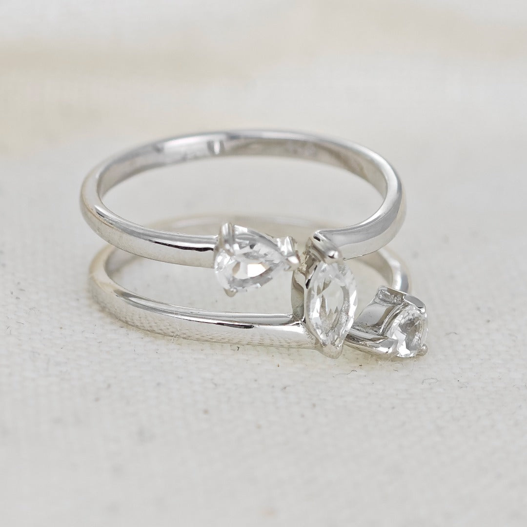 White Topaz Ring Adjustable Sterling Silver Marquise Trilogy