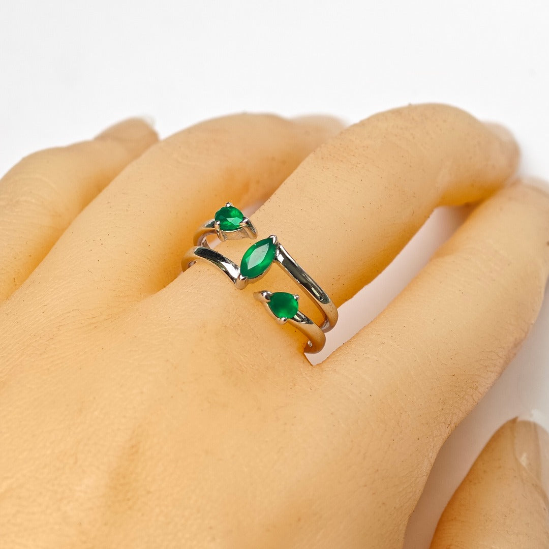 Onyx Green Ring Adjustable Sterling Silver Marquise Trilogy