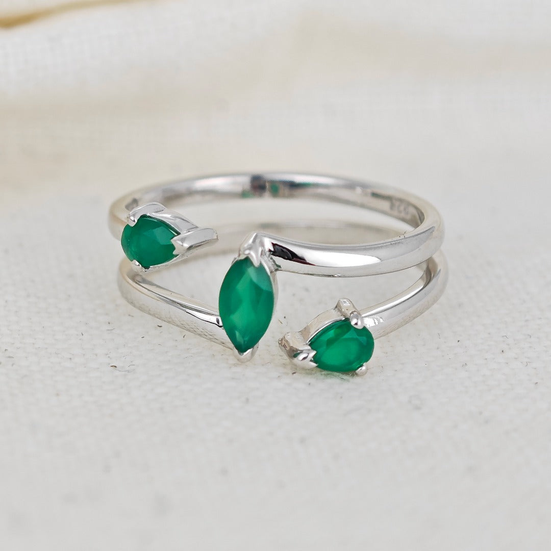 Onyx Green Ring Adjustable Sterling Silver Marquise Trilogy