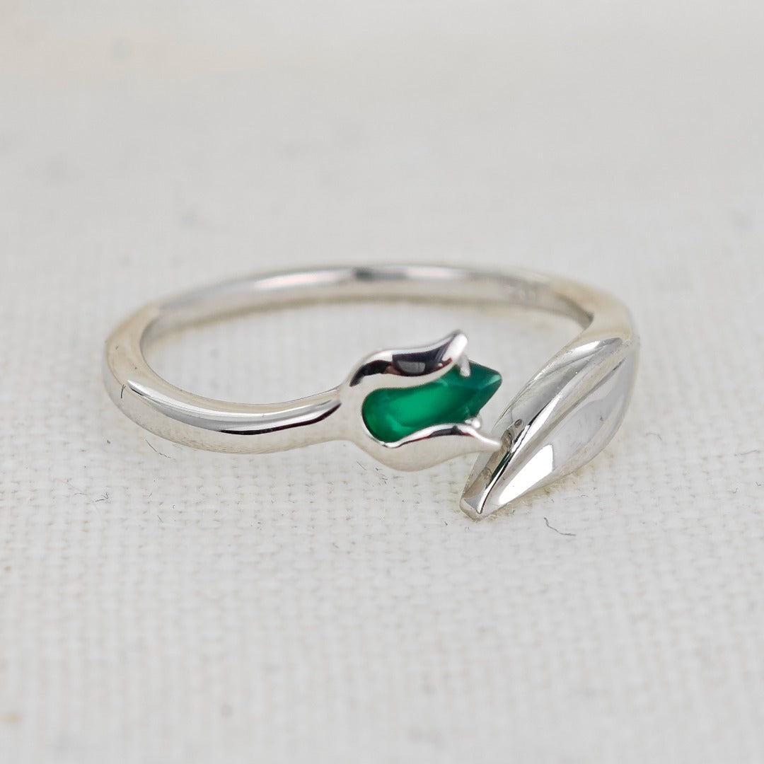 Onyx Ring Sterling Silver Adjustable Tulip Flower Green Gemstone