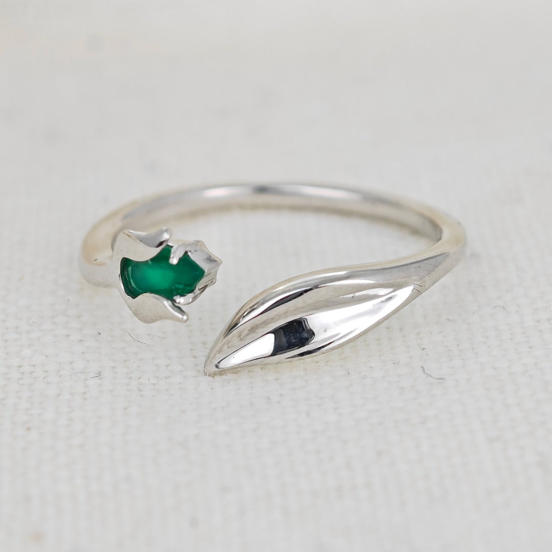 Onyx Ring Sterling Silver Adjustable Tulip Flower Green Gemstone