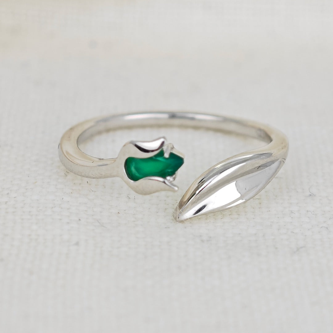 Onyx Ring Sterling Silver Adjustable Tulip Flower Green Gemstone