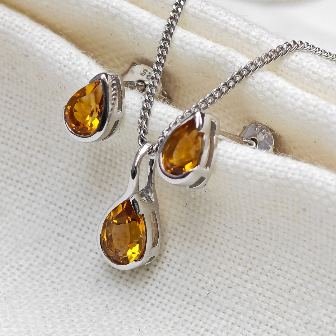 Sterling Silver Citrine Set Infinity Loop Pendant Stud Earrings