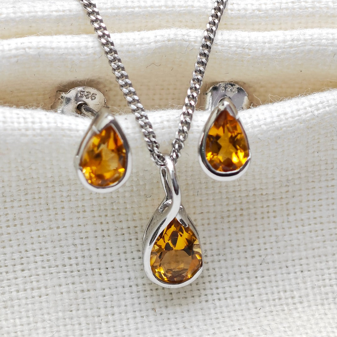 Sterling Silver Citrine Set Infinity Loop Pendant Stud Earrings