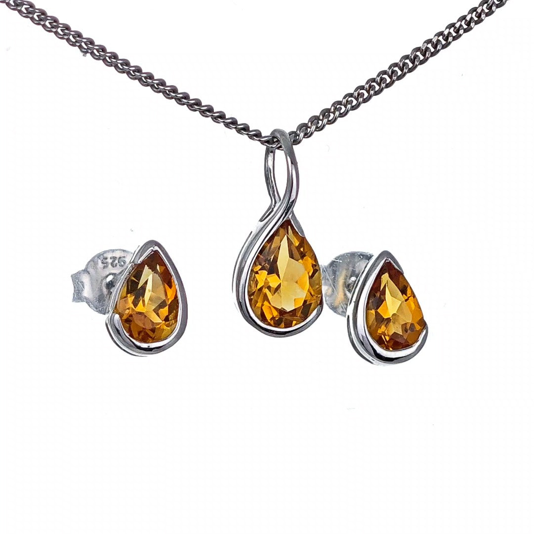 Sterling Silver Citrine Set Infinity Loop Pendant Stud Earrings