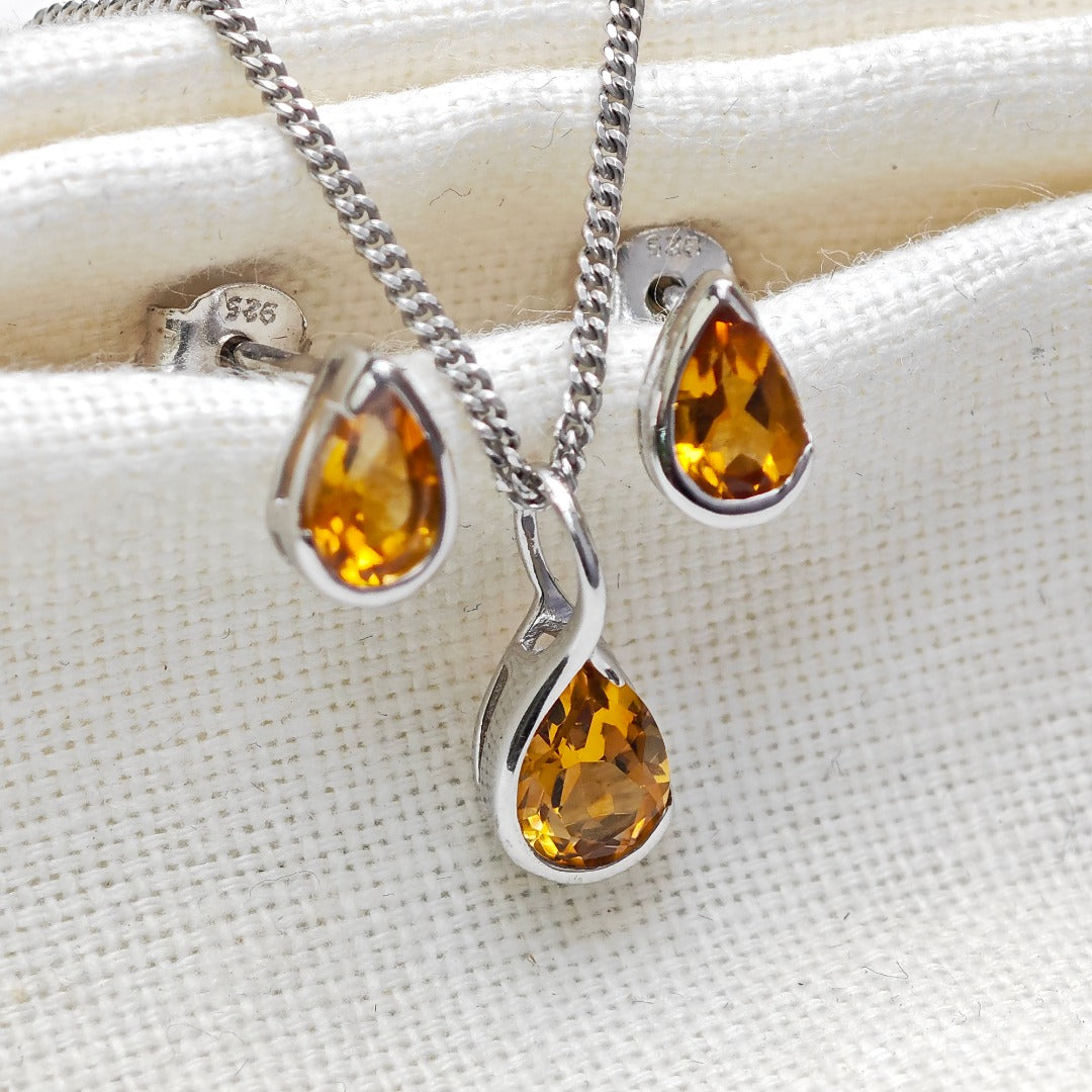 Sterling Silver Citrine Set Infinity Loop Pendant Stud Earrings