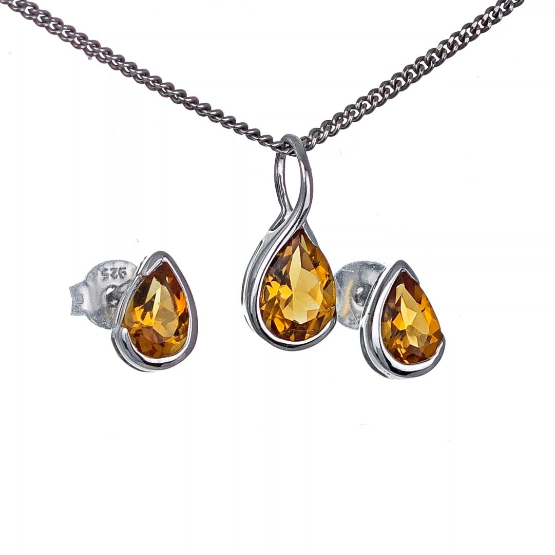 Sterling Silver Citrine Set Infinity Loop Pendant Stud Earrings