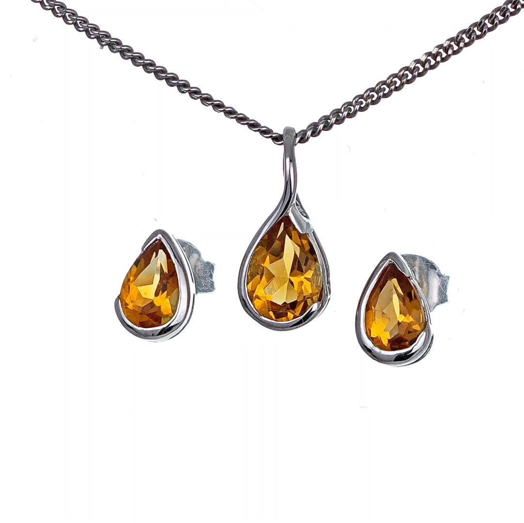 Sterling Silver Citrine Set Infinity Loop Pendant Stud Earrings