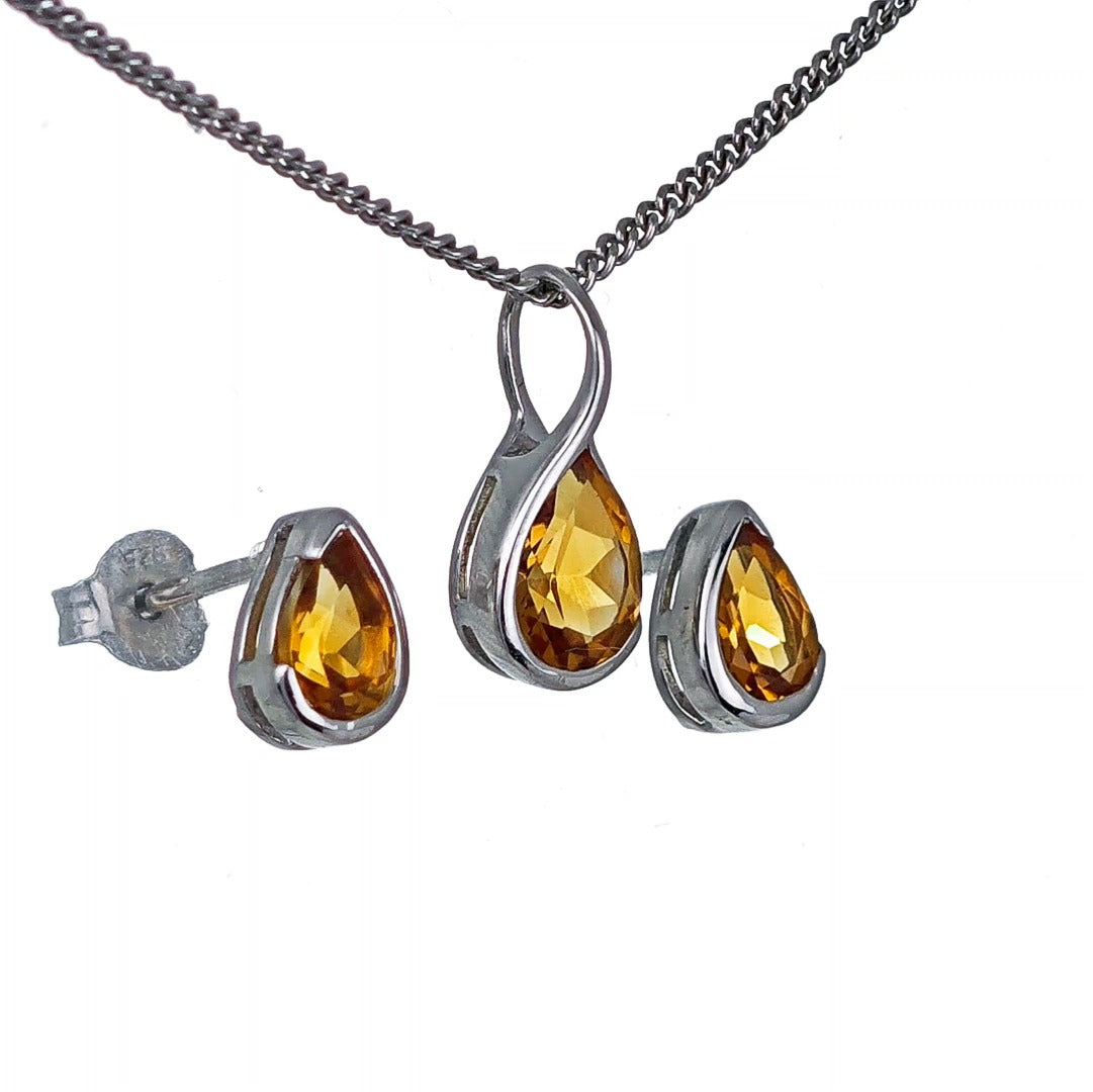 Sterling Silver Citrine Set Infinity Loop Pendant Stud Earrings