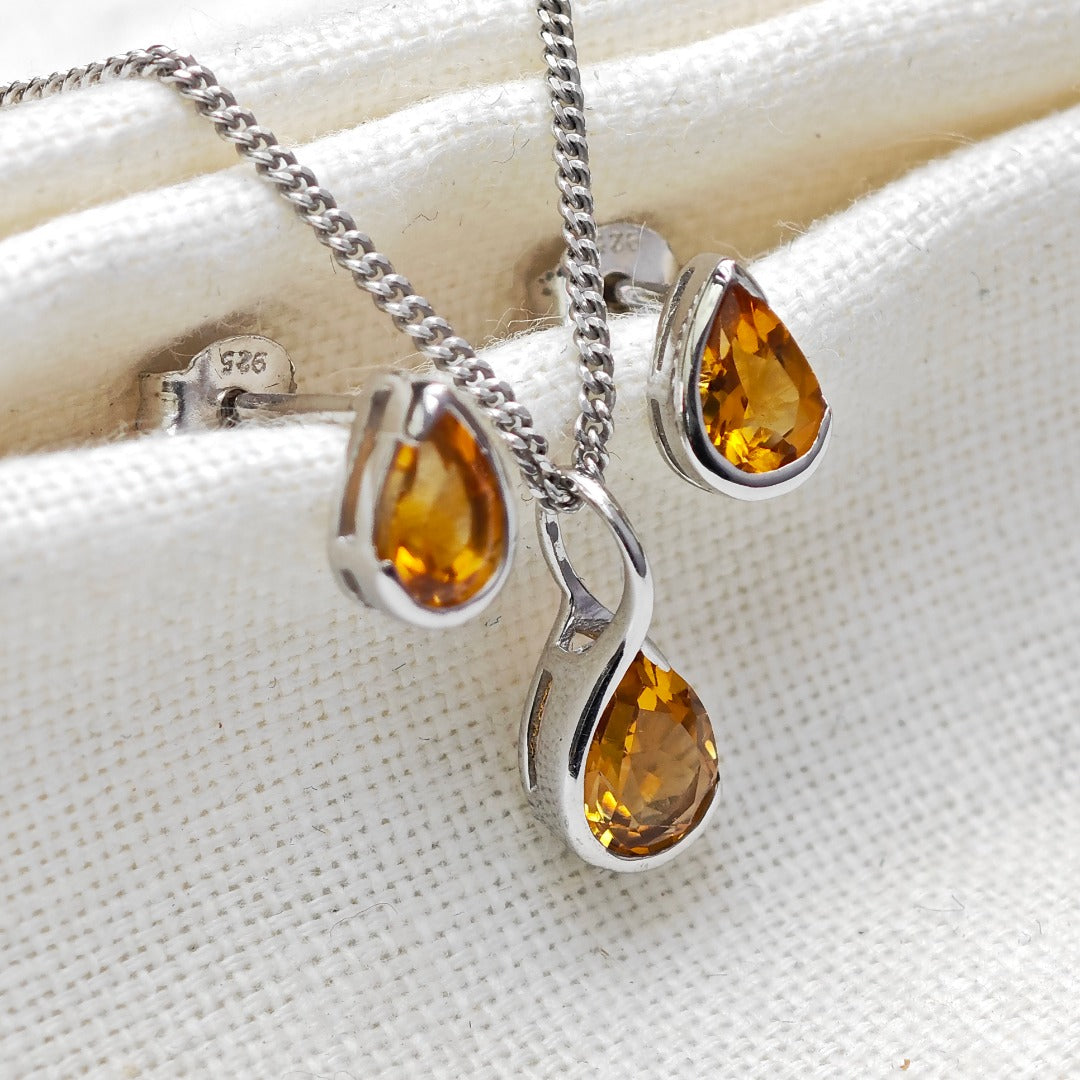 Sterling Silver Citrine Set Infinity Loop Pendant Stud Earrings