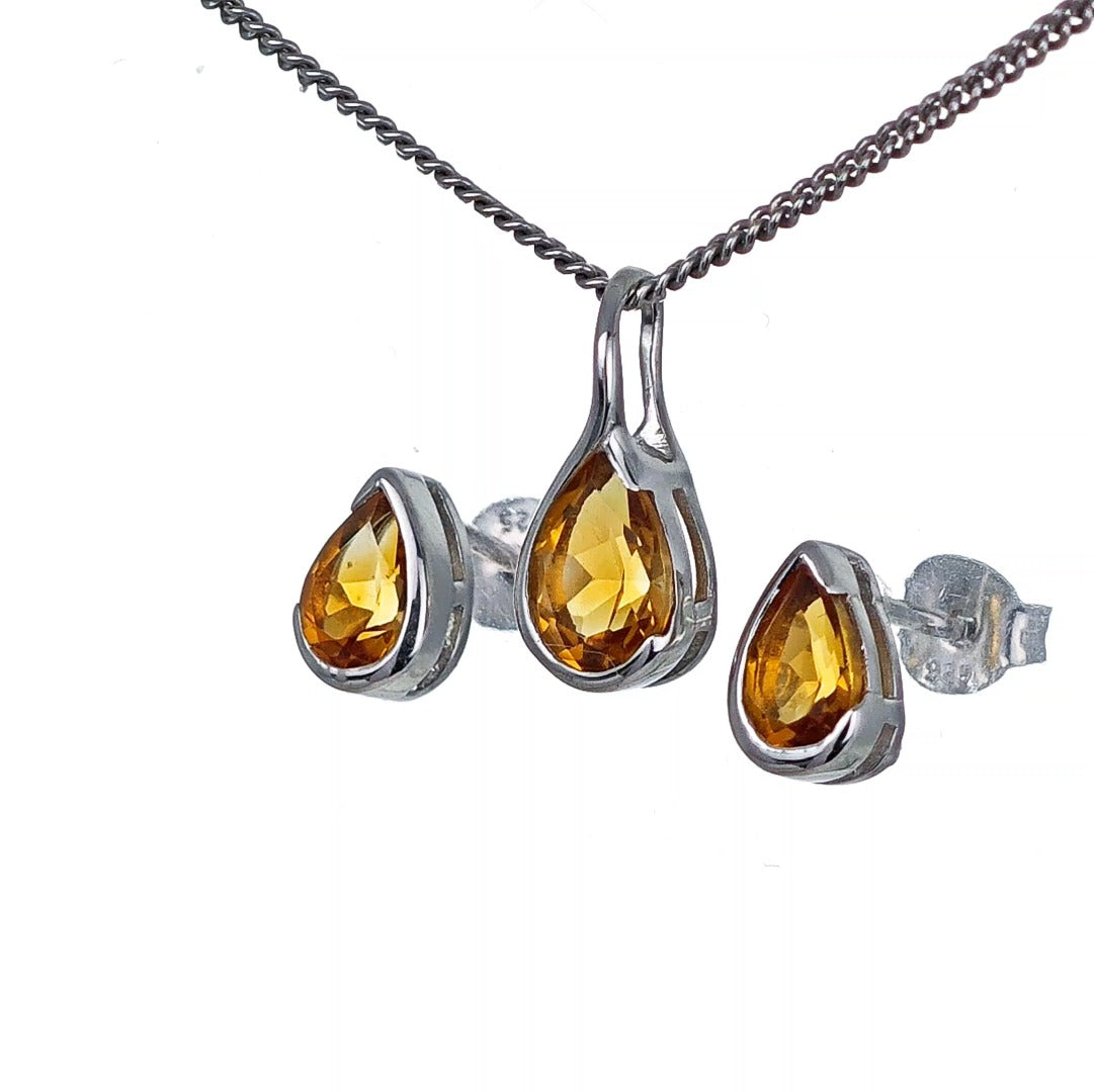 Sterling Silver Citrine Set Infinity Loop Pendant Stud Earrings