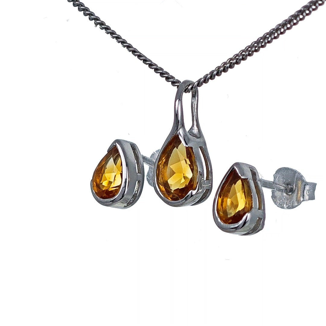 Sterling Silver Citrine Set Infinity Loop Pendant Stud Earrings