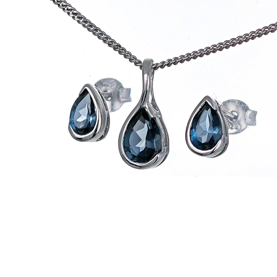 London Blue Topaz Set Sterling Silver Pendant Stud Earrings Infinity Loop