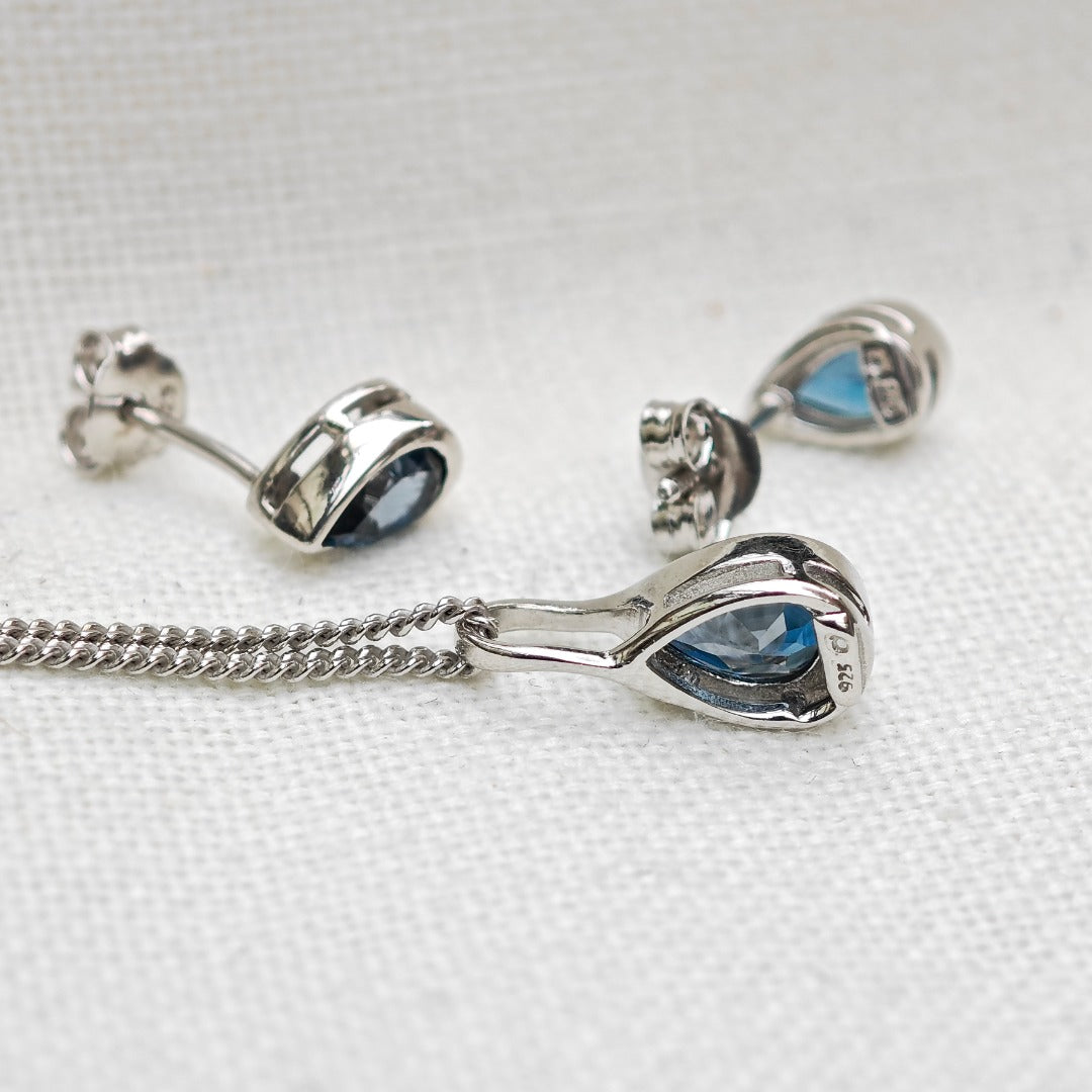 London Blue Topaz Set Sterling Silver Pendant Stud Earrings Infinity Loop