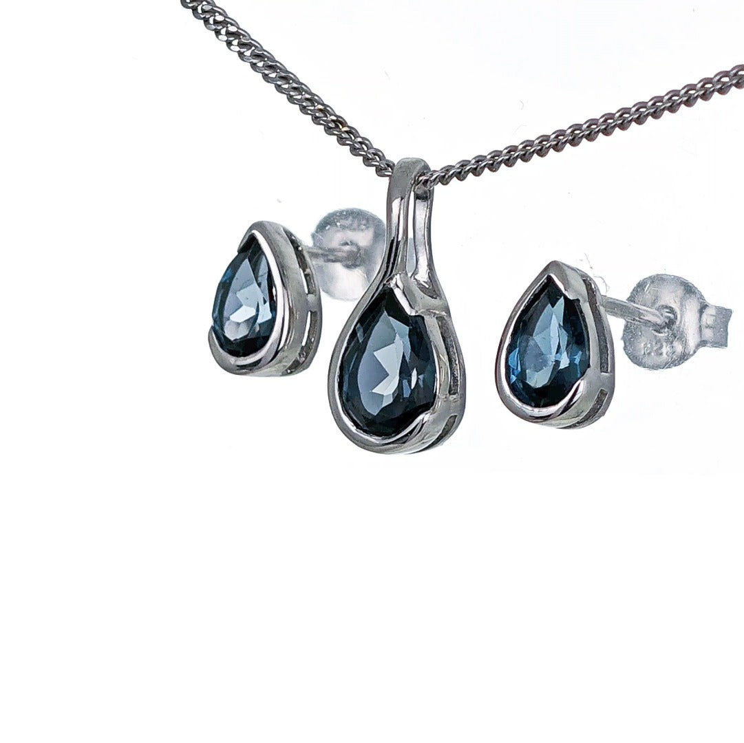 London Blue Topaz Set Sterling Silver Pendant Stud Earrings Infinity Loop