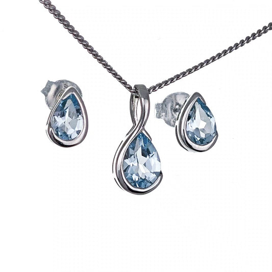 Aquamarine Necklace Set Sterling Silver Infinity Loop Pendant Stud Earrings