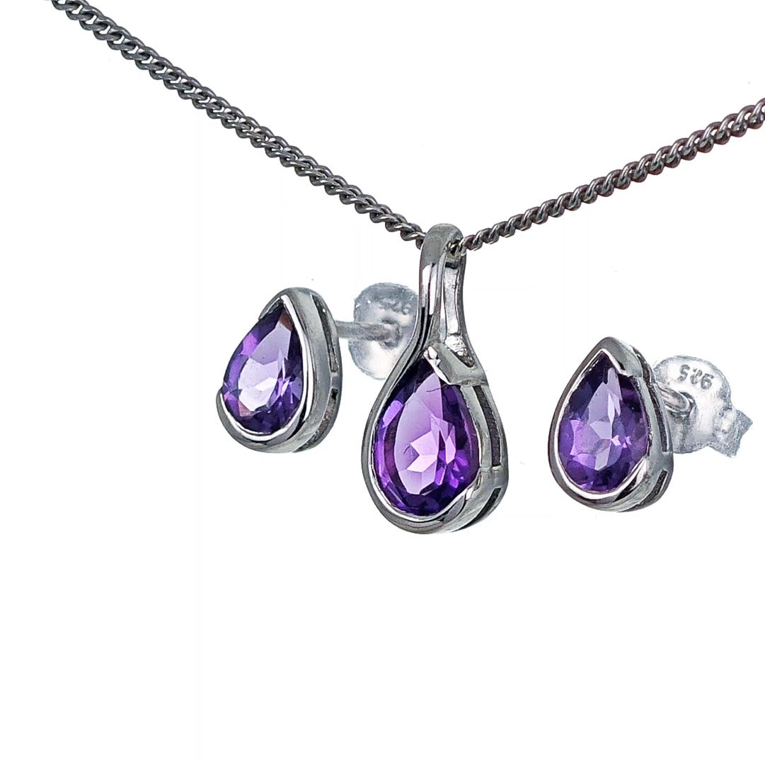 Amethyst Necklace Stud Earring Set Sterling Silver Infinity Loop