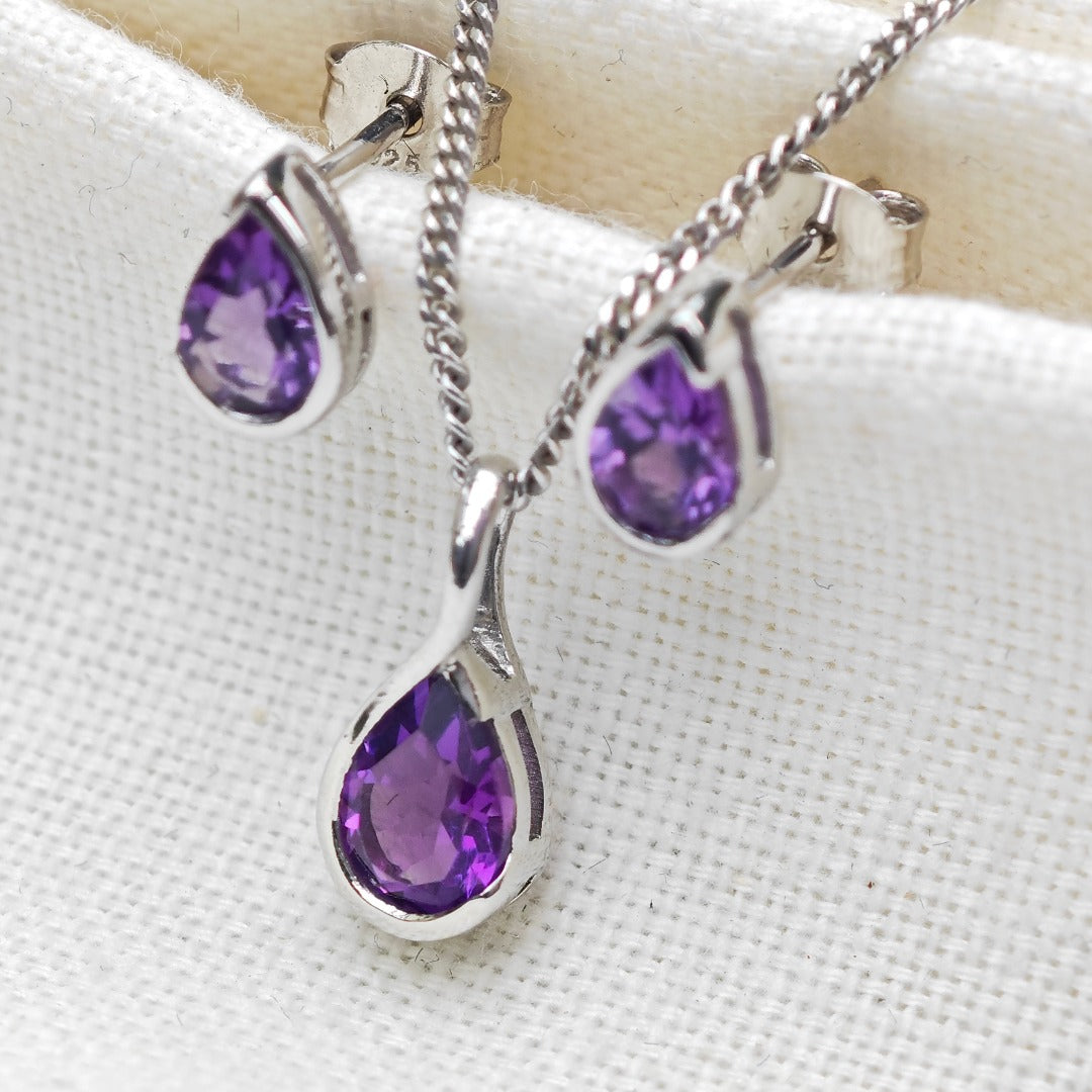 Amethyst Necklace Stud Earring Set Sterling Silver Infinity Loop