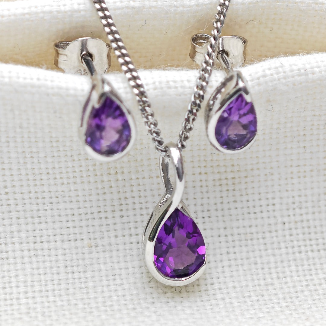 Amethyst Necklace Stud Earring Set Sterling Silver Infinity Loop