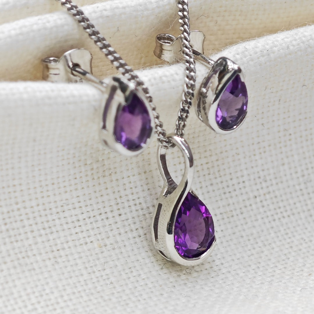 Amethyst Necklace Stud Earring Set Sterling Silver Infinity Loop