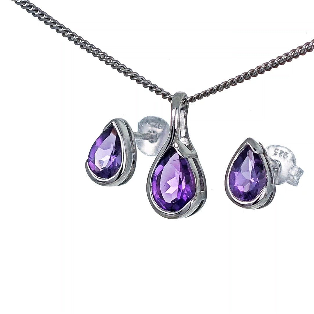 Amethyst Necklace Stud Earring Set Sterling Silver Infinity Loop