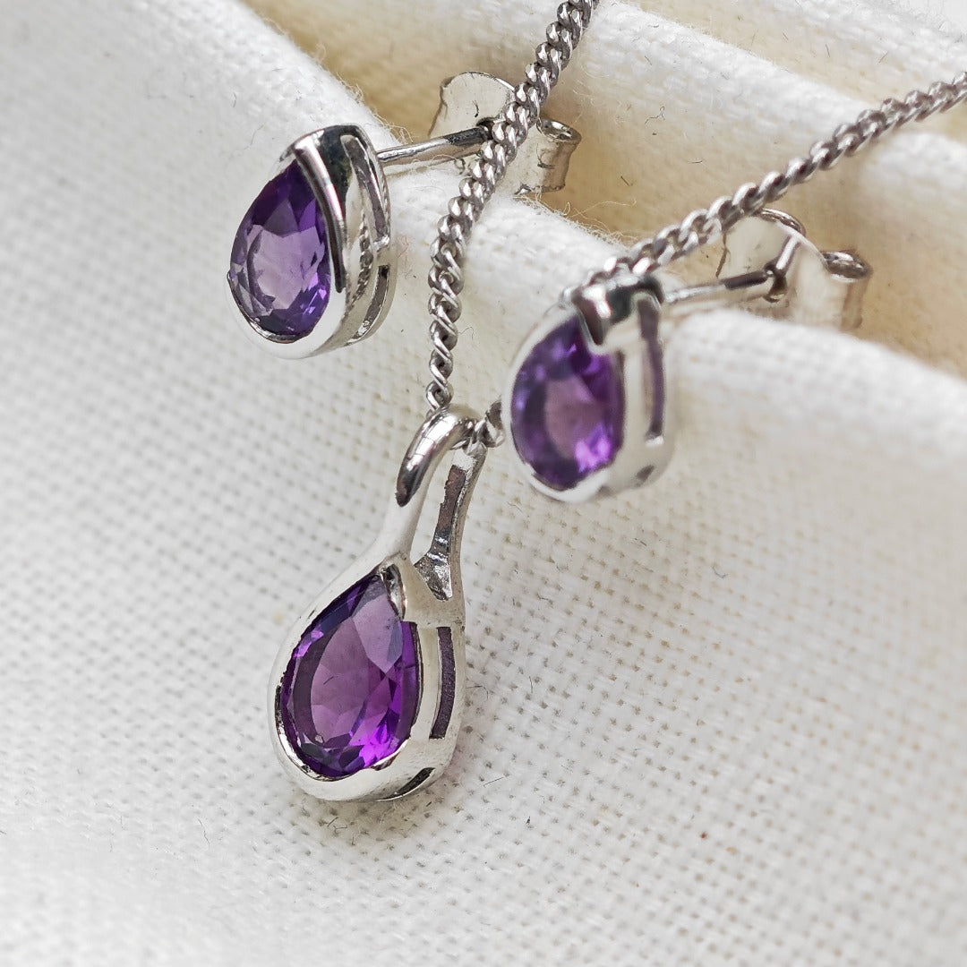 Amethyst Necklace Stud Earring Set Sterling Silver Infinity Loop