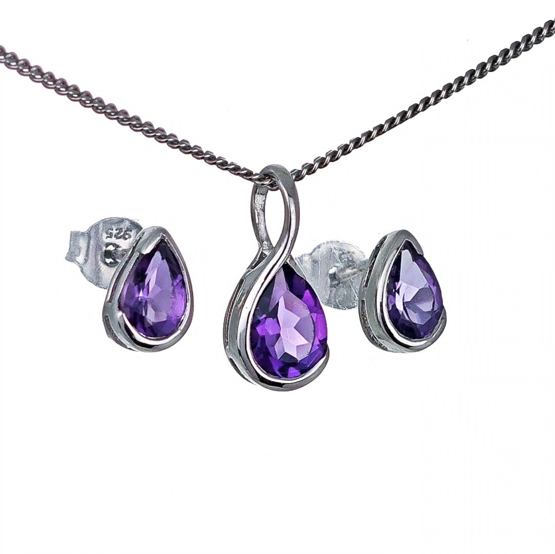 Amethyst Necklace Stud Earring Set Sterling Silver Infinity Loop