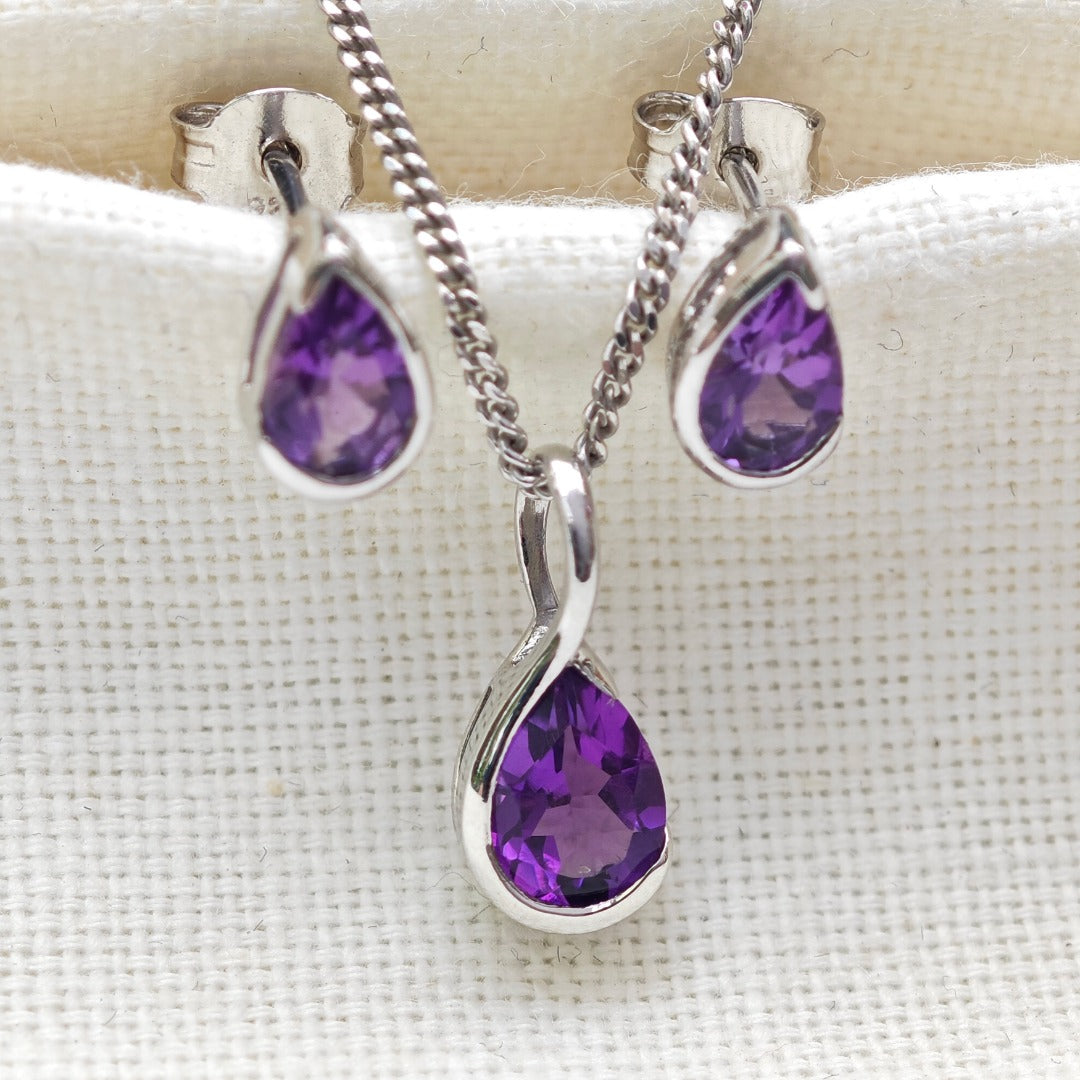 Amethyst Necklace Stud Earring Set Sterling Silver Infinity Loop