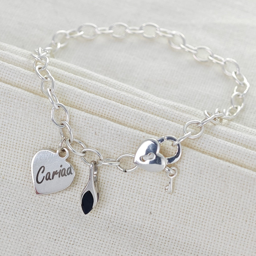 Personalised Birthstone Charm Bracelet Heart Clasp