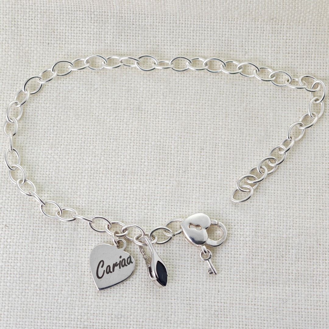 Personalised Birthstone Charm Bracelet Heart Clasp