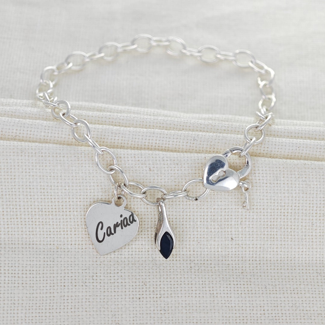 Personalised Birthstone Charm Bracelet Heart Clasp