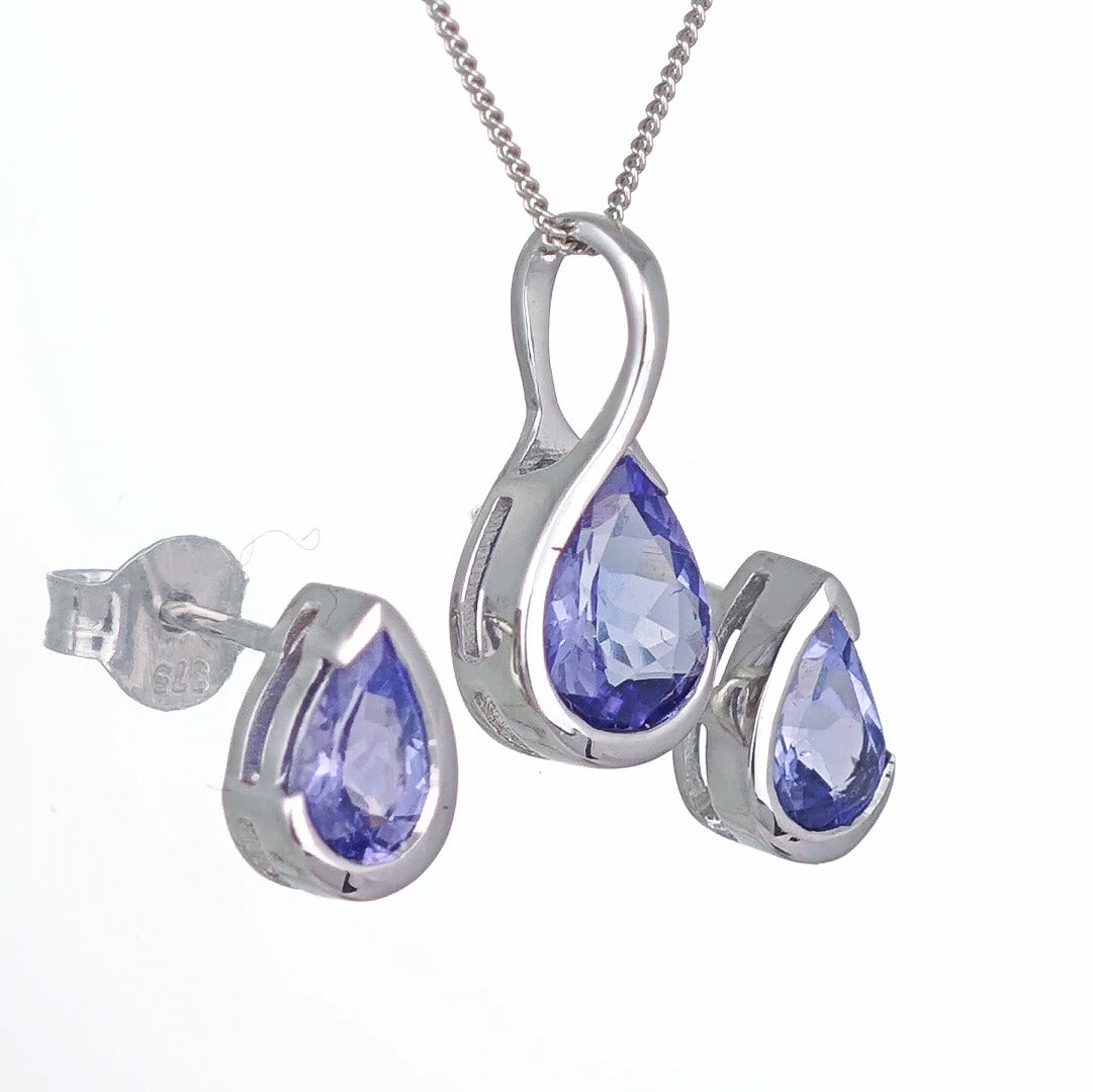 9ct White Gold Tanzanite Set Pendant Earrings Natural Blue Gemstones