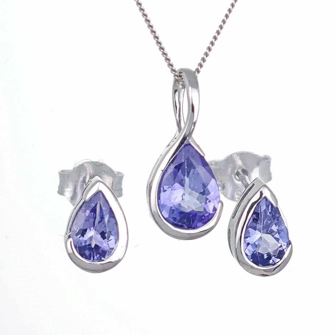 9ct White Gold Tanzanite Set Pendant Earrings Natural Blue Gemstones