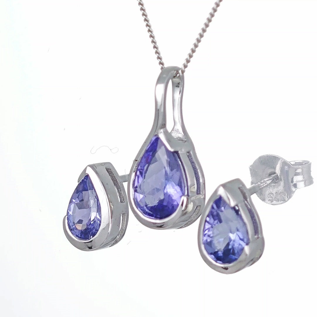 9ct White Gold Tanzanite Set Pendant Earrings Natural Blue Gemstones