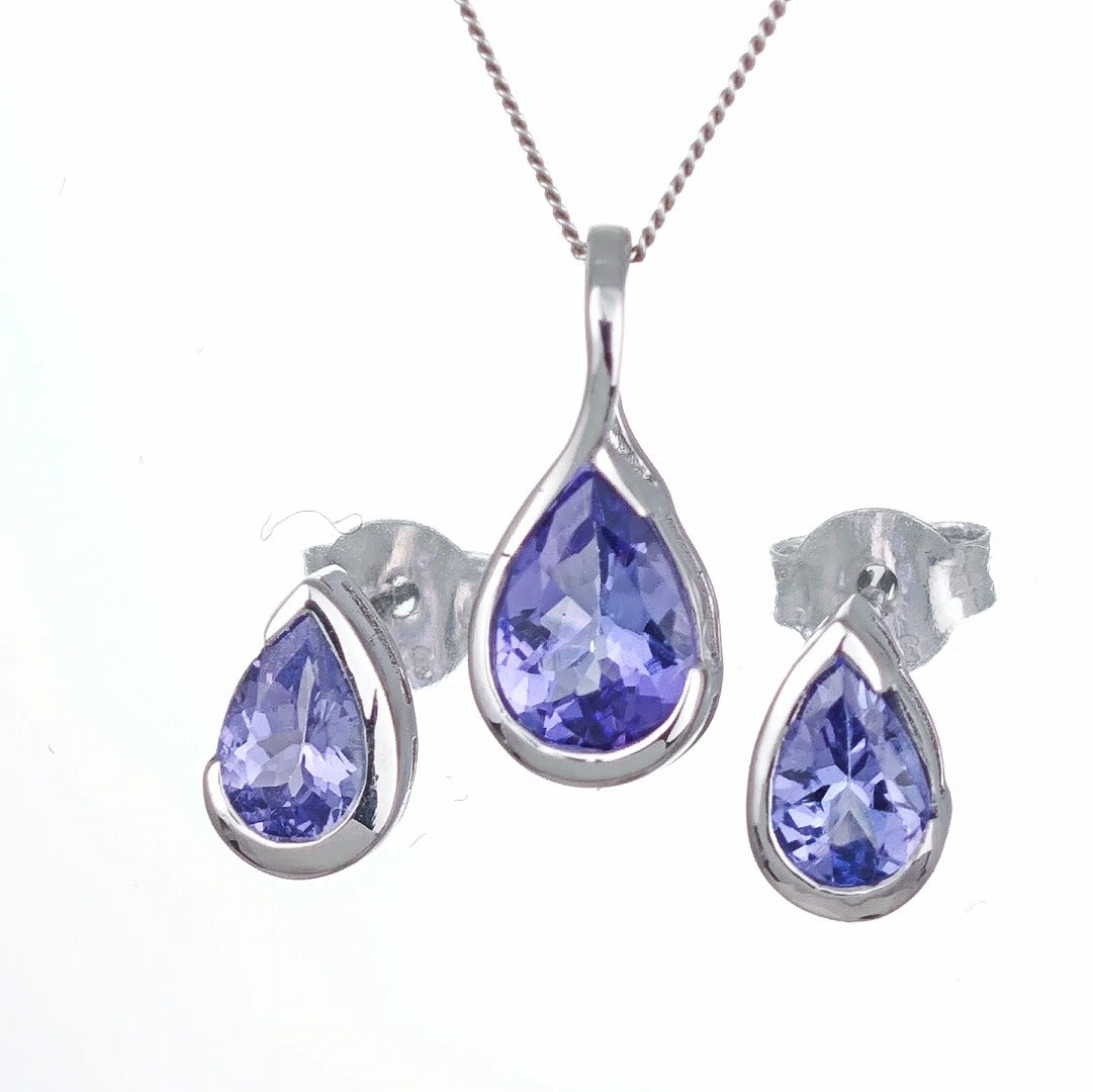 9ct White Gold Tanzanite Set Pendant Earrings Natural Blue Gemstones