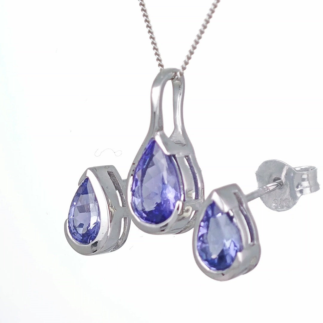 9ct White Gold Tanzanite Set Pendant Earrings Natural Blue Gemstones