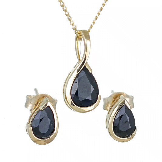 9ct Yellow Gold Sapphire Set Pendant Stud Earrings Infinity Loop Natural Gemstone