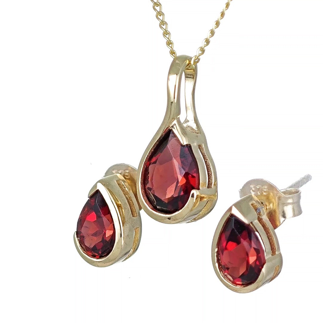 9ct Gold Garnet Set Pendant Earrings Natural Red Gemstones