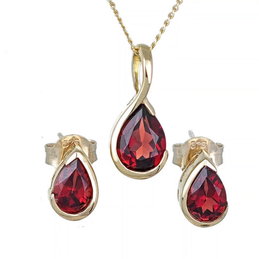 9ct Gold Garnet Set Pendant Earrings Natural Red Gemstones
