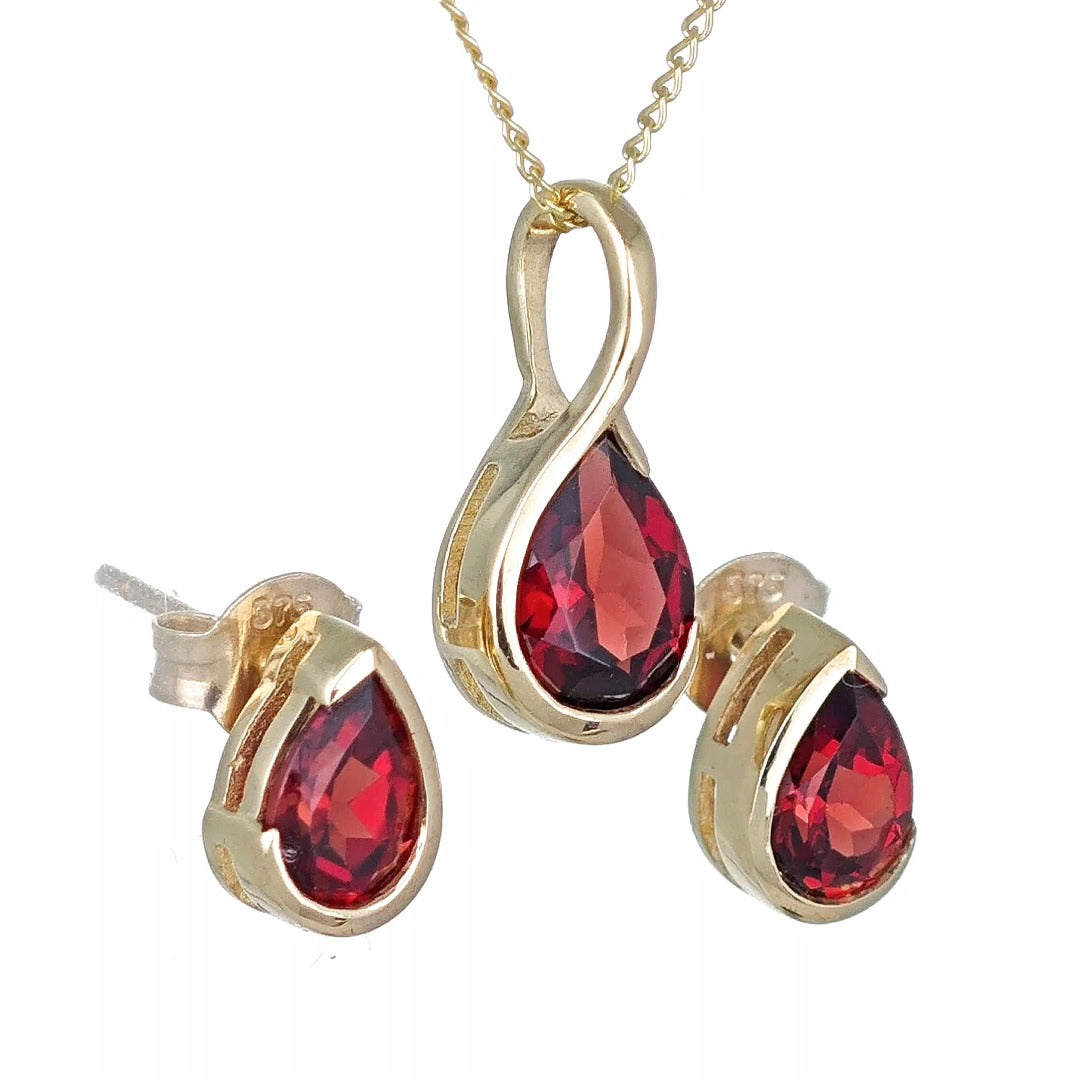 9ct Gold Garnet Set Pendant Earrings Natural Red Gemstones