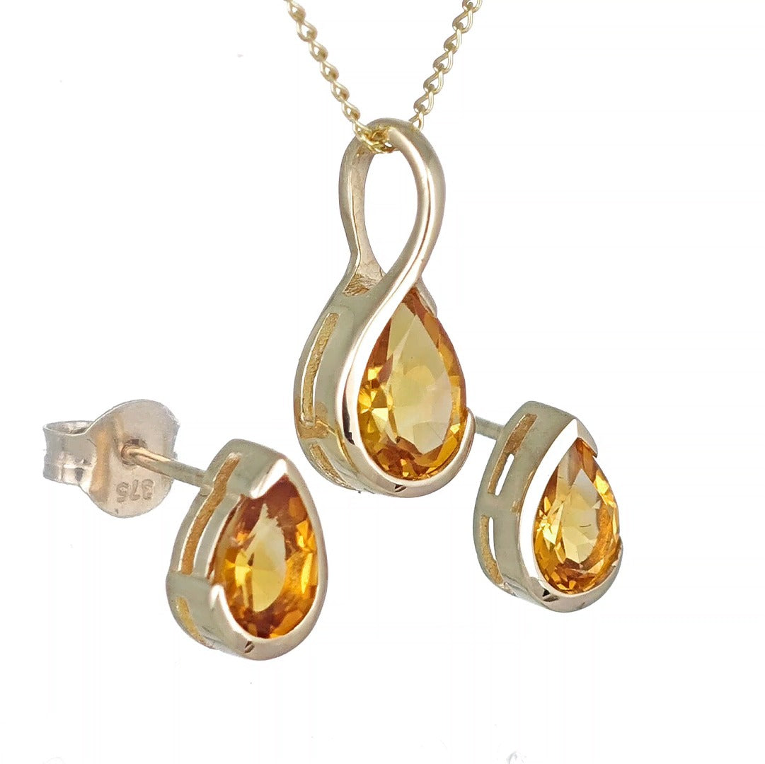 Citrine Set Pendant and Earrings 9ct Yellow Gold Infinity Loop