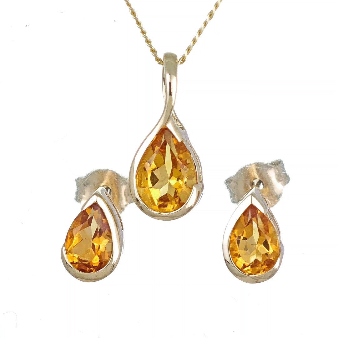 Citrine Set Pendant and Earrings 9ct Yellow Gold Infinity Loop