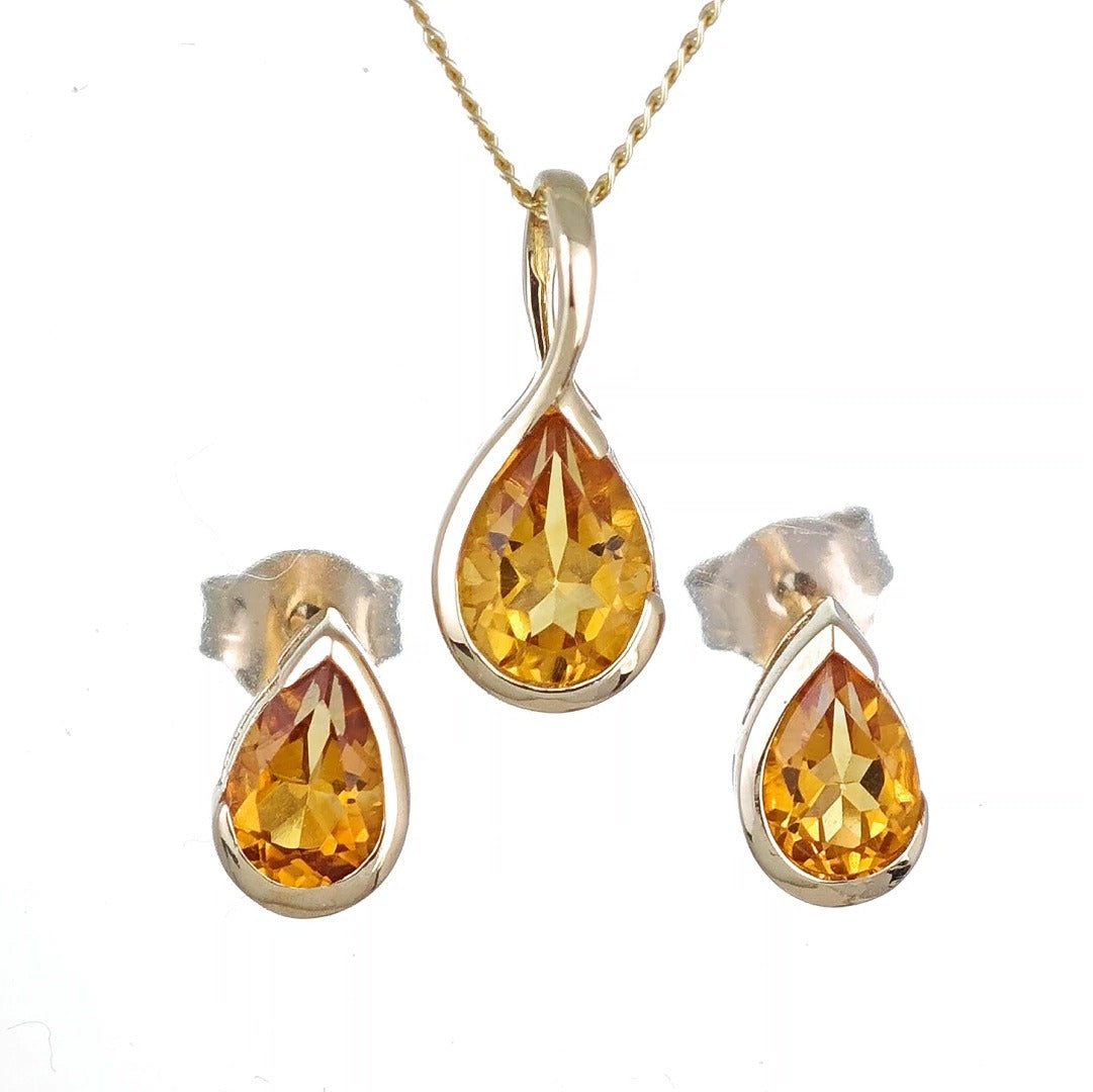 Citrine Set Pendant and Earrings 9ct Yellow Gold Infinity Loop