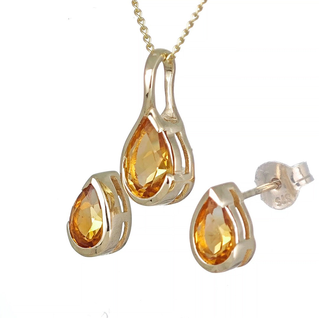 Citrine Set Pendant and Earrings 9ct Yellow Gold Infinity Loop